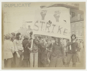Crowd marches with "Strike" banner