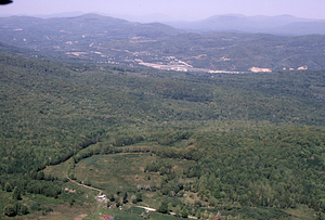 Aerial oblique view of Bernardy Farmstead on Petersburg Road on 28 May 1972 in the Hopkins Forest.