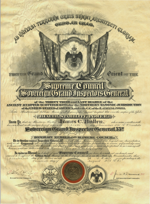 Honorary 33° certificate for James C. Bullen