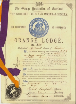 Membership certificate issued by Old Boyne True Blues Loyal Orange Lodge, No. 340, to Matthew Morrison, 1891 May, 19