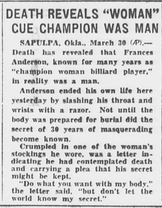 Death Reveals "Woman" Cue Champion was Man