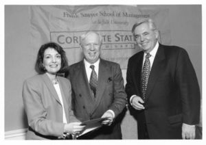 Suffolk University Trustee and Keynote Speaker, Edward F. McDonnell (center), is welcomed by President David J. Sargent (1989-2010) and Vice President Marguerite Dennis at a campus event