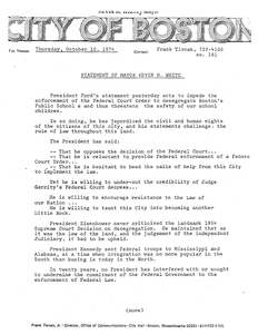 Press release: "Statement of Mayor Kevin H. White" regarding busing, 10 October 1974