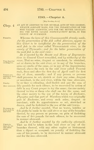 1783 Chap. 0004 An Act In Addition To The Several Acts Of This Commonwealth Already Made, For The Preservation Of The Fish Called Alewives, And For The Better Regulating The River Called Wewewantett River, In The County Of Plymouth.