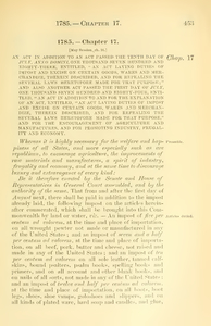 1785 Chap. 0017 An Act In Addition To An Act Passed The Tenth Day Of July, Anno Domini, One Thousand Seven Hundred And Eighty-Three, Entitled, "An Act Laying Duties Of Impost And Excise On Certain Goods, Wares And Merchandize, Therein Described, And For Repealing The Several Laws Heretofore Made For That Purpose; " And Also Another Act Passed The First Day Of July, One Thousand Seven Hundred And Eighty-Four, Entitled, "An Act In Addition To And For The Explanation Of An Act, Entitled, "An Act Laying Duties Of Impost And Excise On Certain Goods, Wares And Merchandize, Therein Described, And For Repealing The Several Laws Heretofore Made For That Purpose," And For The Encouragement Of Agriculture And Manufactures, And For Promoting Industry, Frugality And Economy.