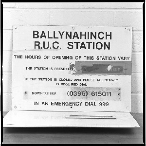 RUC signs, nameplates removed from the outside walls of RUC stations: Culleybackey, Calledon, Loughgall, Ballynahinch