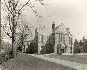 Bapst Library exterior: main entrance from left side with view of Commonwealth Avenue and St. Mary's Hall, by Clifton Church