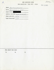 Citywide Coordinating Council daily monitoring report for Hyde Park High School by Marilee Wheeler, 1975 November 12