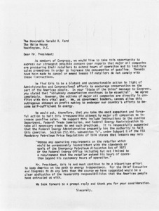 Letter to President Gerald Ford from members of Congress regarding major oil companies in pressuring their retailers to extend hours of operation and to institute sales promotions in order to increase the consumption of gasoline