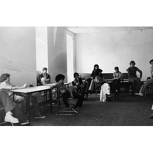 Hispanic American teenagers seated in a classroom at La Alianza Hispana headquarters, Roxbury, Mass.