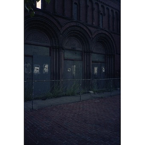 Boarded up doors of the former Shawmut Congregational Church.