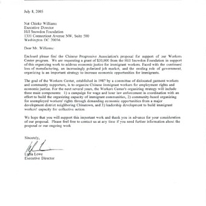 Grant application and correspondence to the Hill Snowdon Foundation requesting a $30,000 grant to fund the Chinese Progressive Association Workers' Center