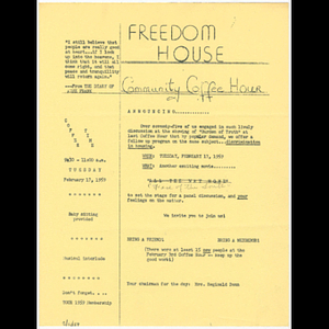 Flier advertising Freedom House Coffee Hour featuring film
