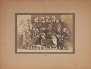 Colby College sorority women with snowshoes and cross country skis, 1923