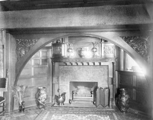 Interior view of unidentified house, hall fireplace mantel, Longwood, Brookline, Mass., 1888-1892