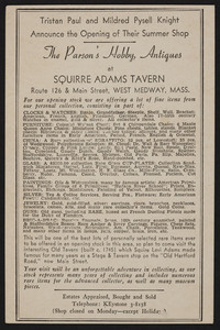 Trade card for The Parson's Hobby, antiques at Squirre Adams Tavern, Route 126 & Main Street, West Medway, Mass., undated