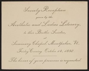 Invitation for the society reception given by the Aesthetic and Ladies Literary, Montpelier, Vermont, October 14, 1892