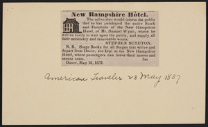 Advertisement for the New Hampshire Hotel, Dover, New Hampshire, May 16, 1837