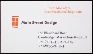 Business card for Main Street Design, interpretive exhibition design, 103 Blanchard Road, Cambridge, Mass., undated