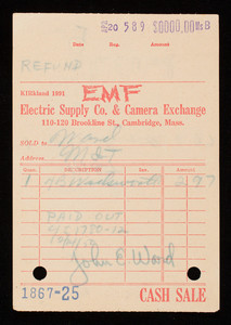 Billhead 1867-25, April 20, EMF Electric Supply Co. & Camera Exchange, 110-120 Brookline Street, Cambridge, Mass.