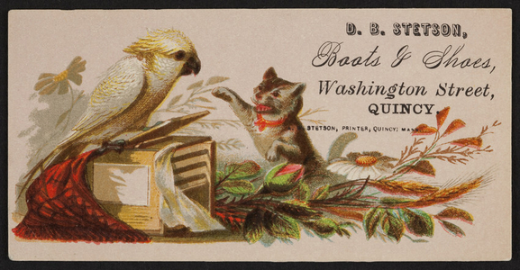 Trade card for D.B. Stetson, boots & shoes, Washington Street, Quincy, Mass., undated