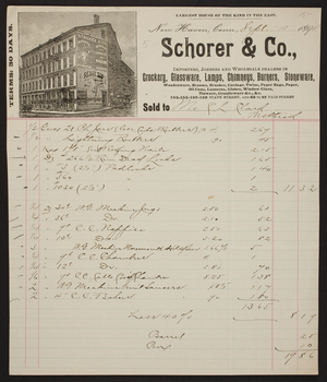 Billhead for Schorer & Co., crockery, glassware, lamps, chimneys, burners, stoneware, 183, 185, 187, 189 State Street and 69 to 87 Fair Street, New Haven, Connecticut, dated September 11, 1894