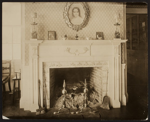 Interior view of Lyman Estate House, dining room fireplace, Waltham, Mass., undated