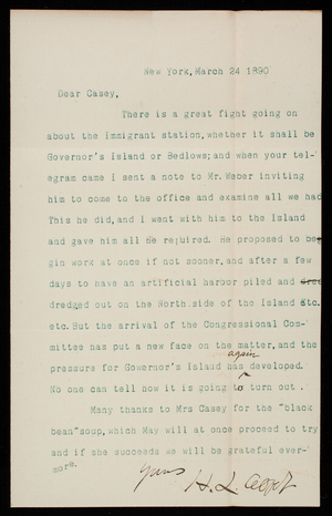 [Henry] L. Abbot to Thomas Lincoln Casey, March 24, 1890