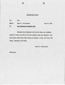 Memorandum to Jean Shrimpton modeling file