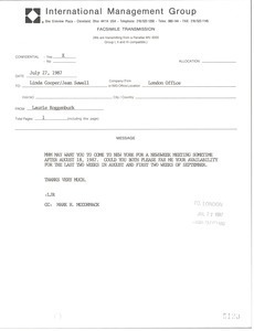 Fax from Laurie Roggenburk to Linda Cooper