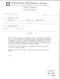 Fax from Laurie Roggenburk to Anne Farrow