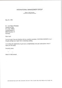 Letter from Mark H. McCormack to Axel Meyer-Wolden