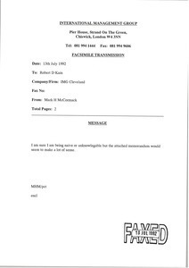 Fax from Mark H. McCormack to Robert D. Kain