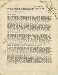 Letter from the Executive Committee, Pacific Coast Branch, American Friends Service Committee to Esther Rhoades