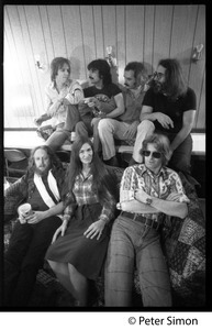 Grateful Dead backstage (rear, left to right): Bob Weir, Mickey Hart, Bill Kreutzman,Jerry Garcia; (front) Keith Godchaux, Donna Godchaux, Phil Lesh