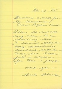 Letter from Ruth Petersen to the Chamberlin/Ebert defense fund