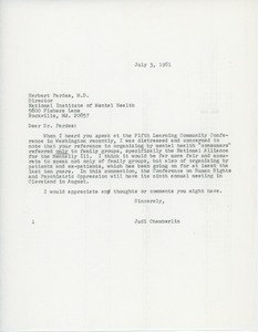 Letter from Judi Chamberlin to Herbert Pardes