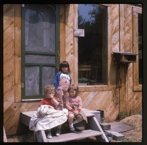 Three children on front steps, Wendell Farm