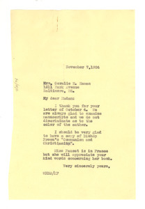 Letter from W. E. B. Du Bois to Coralie H. Haman