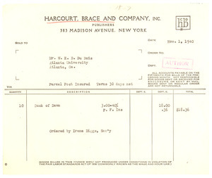 Invoice from Harcourt, Brace and Company