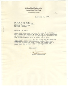 Letter from Frank Tannenbaum to W. E. B. Du Bois