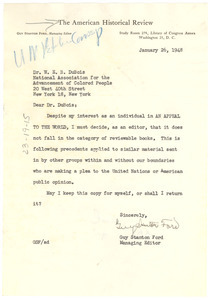 Letter from American Historical Review to W. E. B. Du Bois