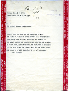 Telegram from James Herndon to Shirley Graham Du Bois