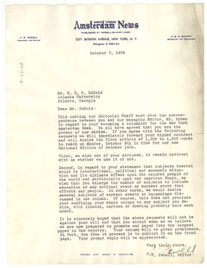 Letter from New York Amsterdam News to W. E. B. Du Bois