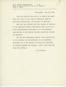 Transcript of letter of recommendation from R. M. Fowler