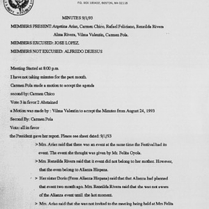 Minutes from Festival Puertorriqueño de Massachusetts, Inc. meeting on September 1, 1993