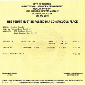 Health permit for Festival Puertorriqueño 1993, issued to Denise Garcia