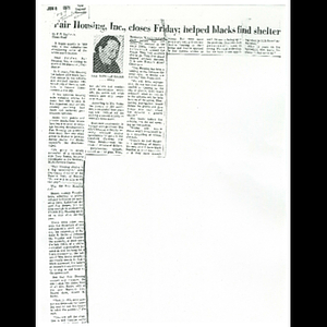 Photocopy of Boston Globe article, Fair Housing, Inc., closes Friday; helped blacks find shelter