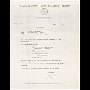 Memorandum from J. Samson and F. Sargent to school site members about school-based management meeting held December 7, 1983