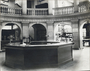 Public library rotunda, main desk additional lights